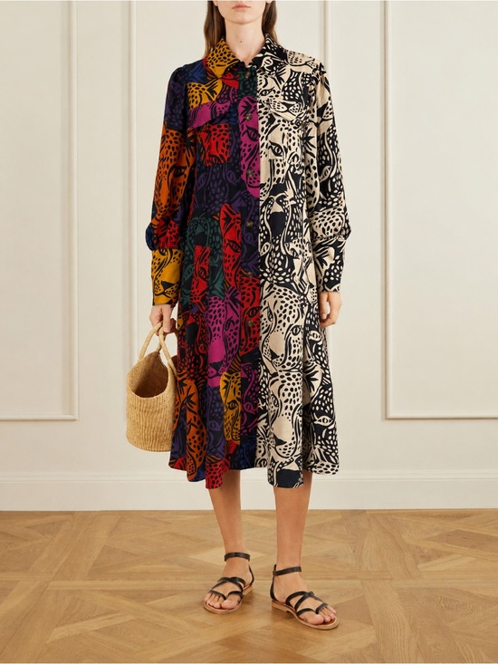 FARM Rio Dresses & Skirts - FARM Rio Midnight Leopard Print Midi Shirt Dress Animal Patchwork M